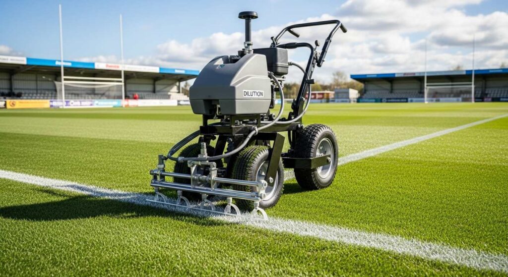 Professional sports field line marking machine applying white boundary lines on natural grass football pitch with specialized turf equipment