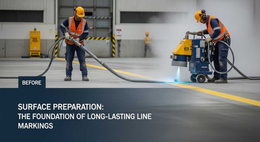 Professional surface preparation for line marking using shot blasting equipment in New Zealand industrial facility