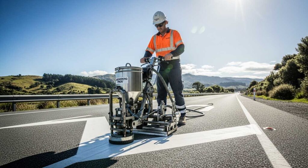 Professional technician applying thermoplastic line markings with specialized equipment and safety gear in New Zealand