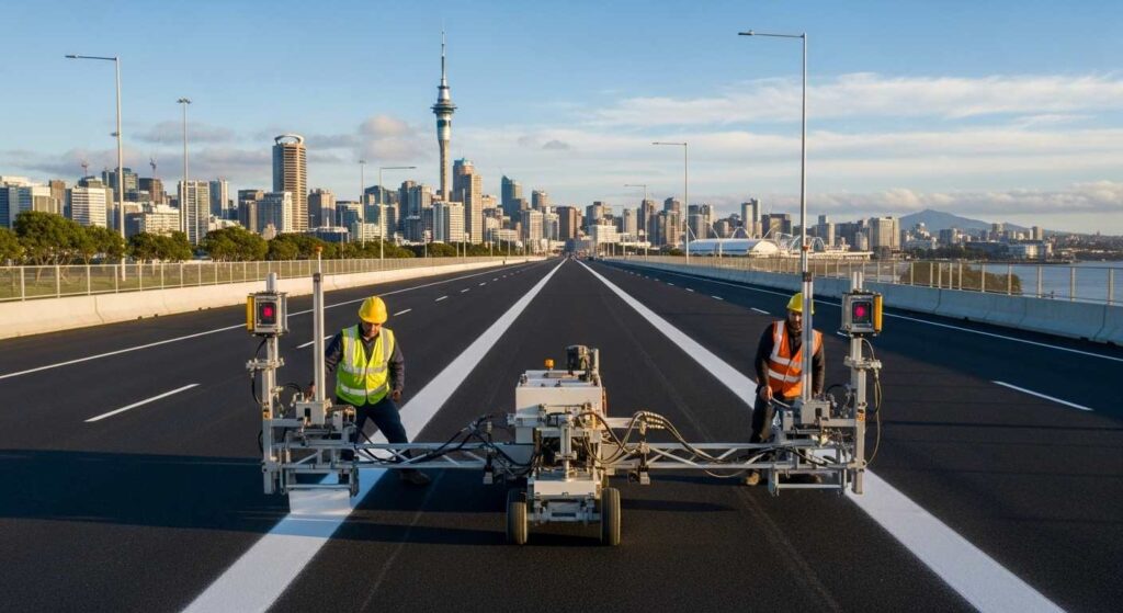 Professional thermoplastic line marking application on New Zealand road with precision equipment and Auckland skyline