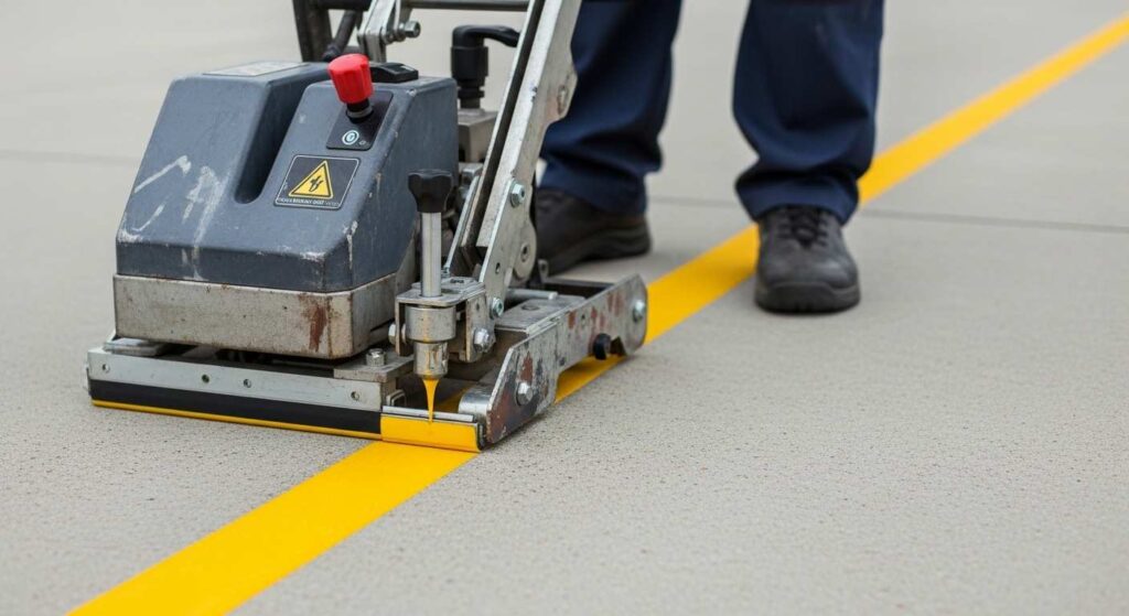Semi-automatic line marking machine with adjustable width controls applying precise yellow lines on concrete surface