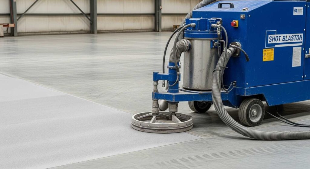 Shot blasting concrete surface preparation creating optimal texture for line marking adhesion