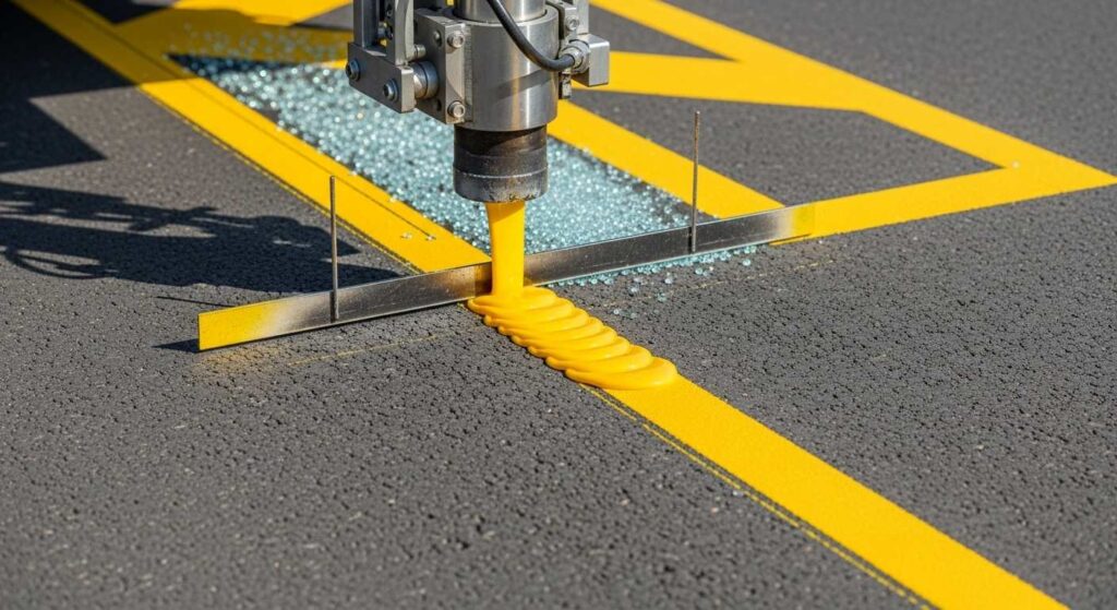 Thermoplastic line marking equipment applying hot molten material with glass beads for durable road markings with enhanced reflectivity