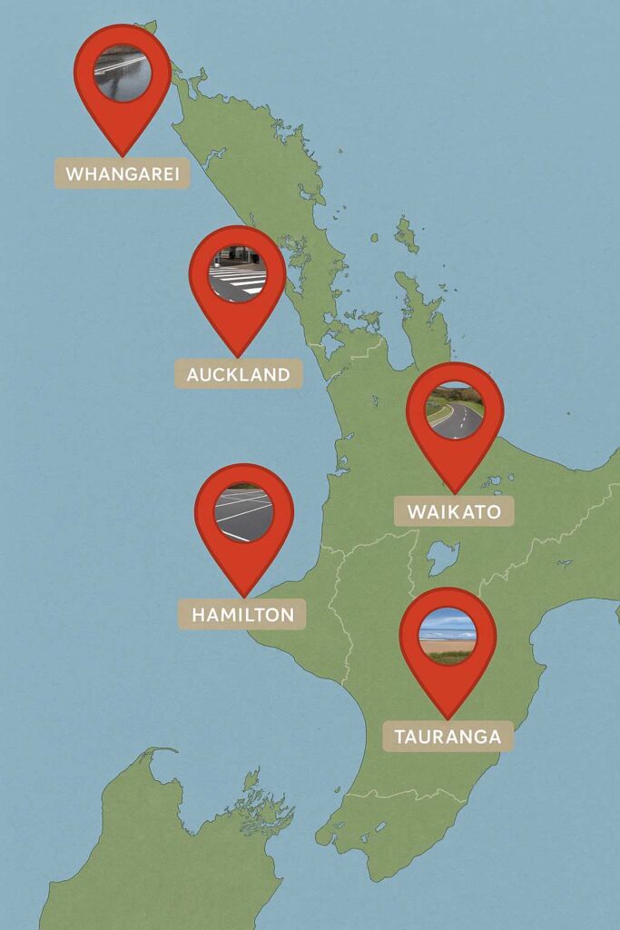 Upper North Island map showing Auckland Hamilton Waikato Tauranga Whangarei line marking service areas and regional compliance considerations