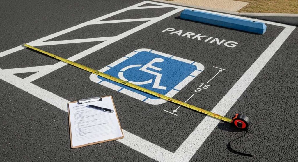 NZS 4121:2001 compliant disabled parking space showing precise line marking standards and measurements required in New Zealand